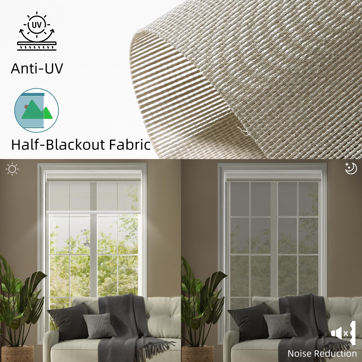 SmartWings Motorized Light Filtering Shades, 50% Blackout PVC Free Smart Blinds, Custom Size, Rechargeable Battery, Works with Matter/Apple HomeKit, Alexa, Thread/Zigbee, Remote Optional, 50% Stone
