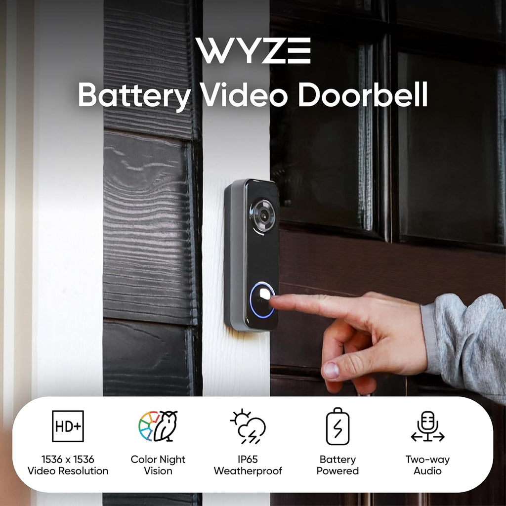 Wyze Battery Video Doorbell Wireless Camera, 1536x1536 HD+ with Color Night Vision, 2-Way Audio, 1:1 Head-to-Toe View, Person/Vehicle/Package Monitor, Wire-Free/Wired Option, 1 Minute Easy Setup