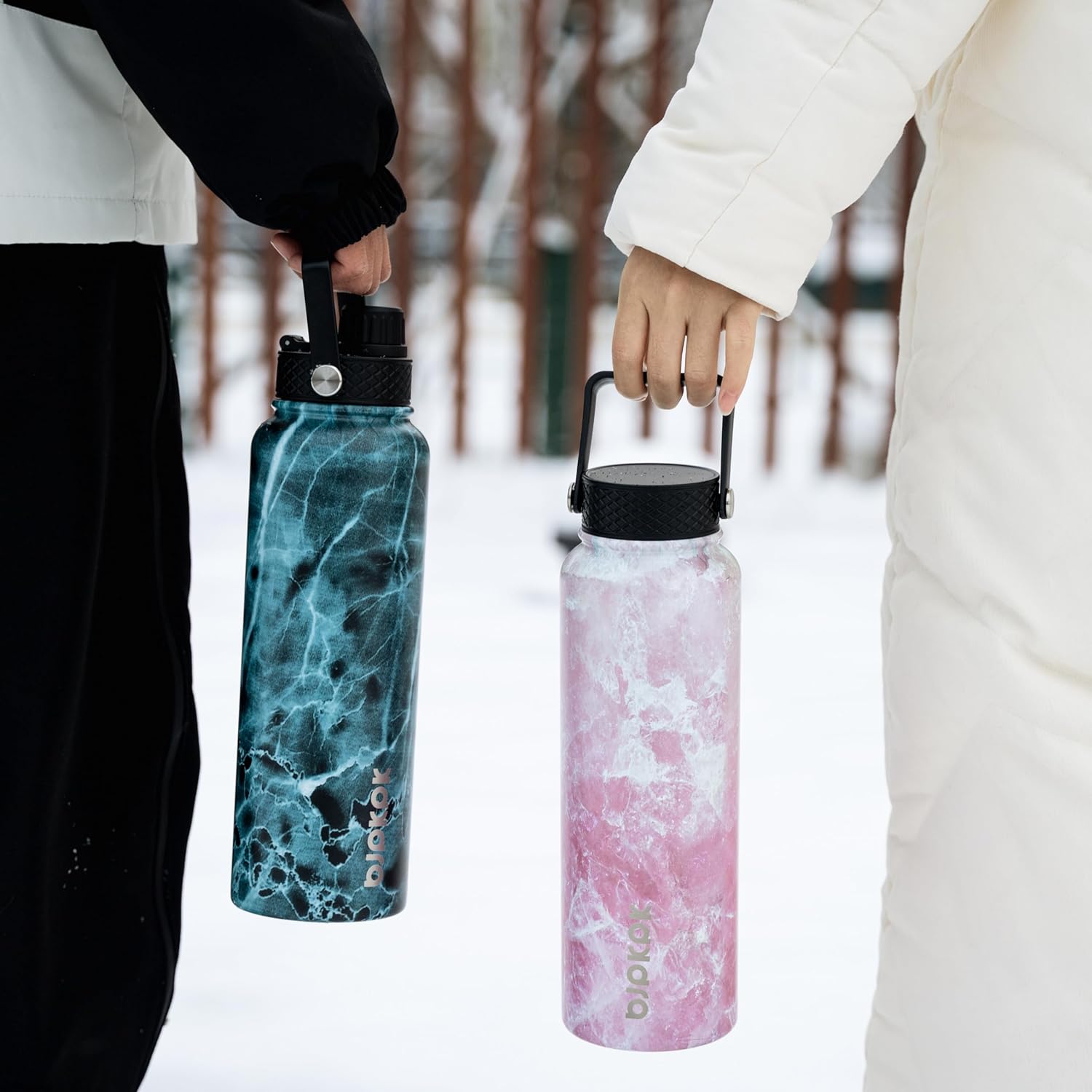 BJPKPK 2 Pack Insulated Water Bottles with Straw Lids, 40oz Stainless Steel Metal Water Bottle with 6 Lids, Leak Proof BPA Free Jugs, Cups, Flasks for Travel, Sports (Blossom+Ocean)