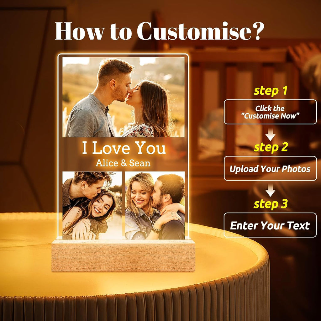 Custom Picture Frames with Photo, Personalized Photo Frame with Night Light, Customized Picture Frame, Personalized Anniversary Valentines Day Gifts for Women Men Her Him Girlfriend Boyfriend Couple