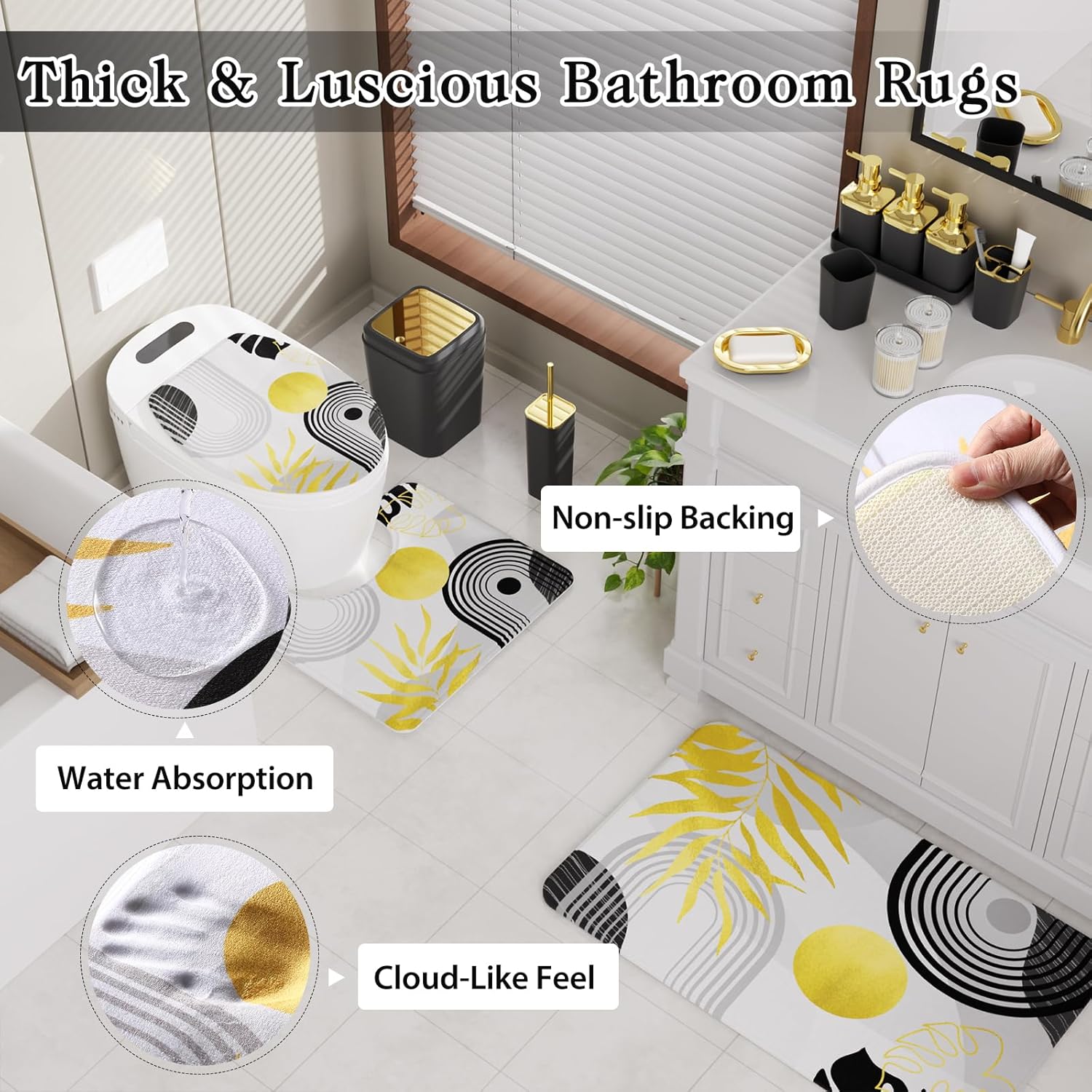 Bathroom Set - Bathroom Sets with Shower Curtain and Rugs, Bathroom Accessory Set, Black Bathroom Accessories Set with Trash Can, Toilet Brush and Soap Dispensers