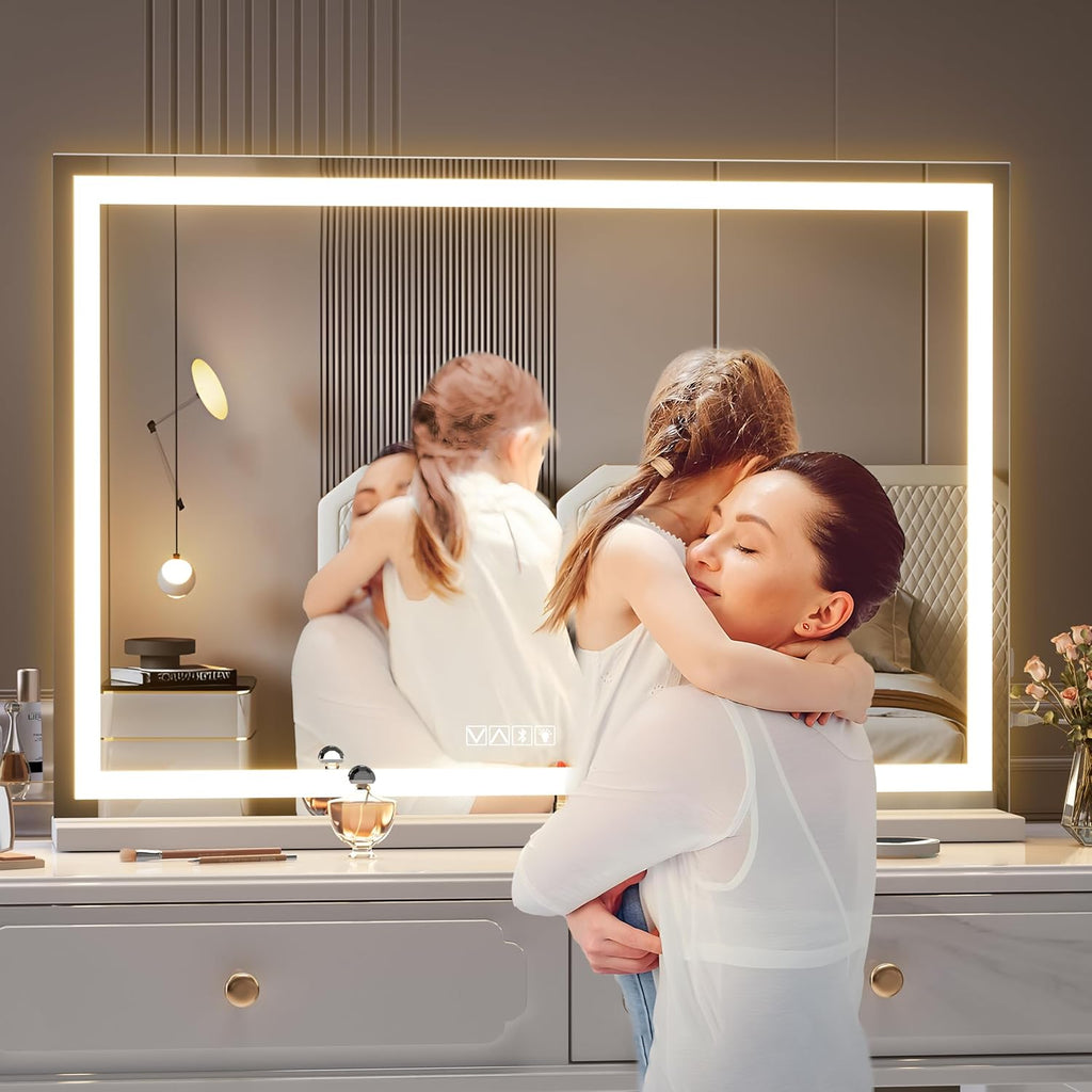 Hasipu Vanity Mirror with Lights and Bluetooth Speaker, 37" x 25.6" LED Makeup Mirror, Lighted Makeup Mirror with Dimmable 3 Modes, Touch Screen Control Vanity Mirror Square White