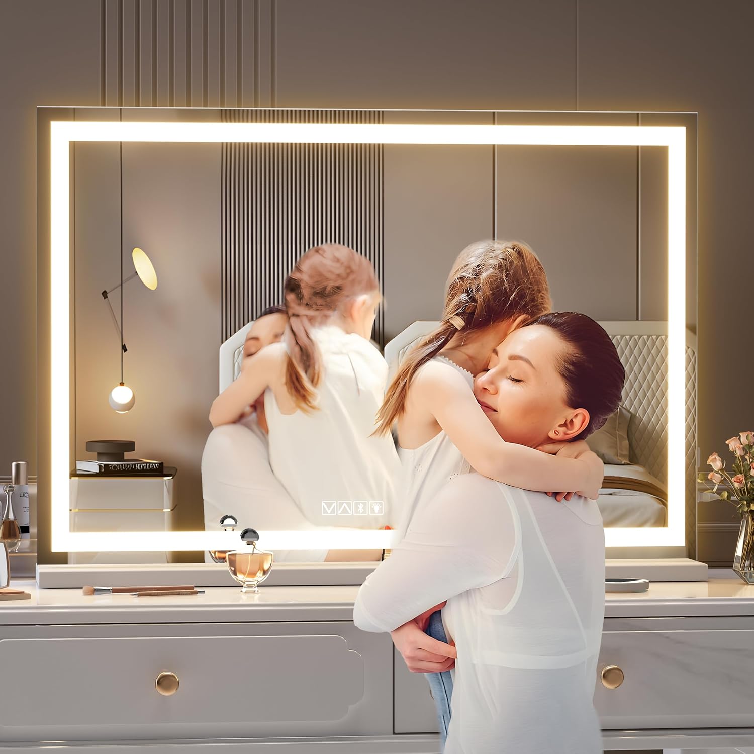 Hasipu Vanity Mirror with Lights and Bluetooth Speaker, 37" x 25.6" LED Makeup Mirror, Lighted Makeup Mirror with Dimmable 3 Modes, Touch Screen Control Vanity Mirror Square White