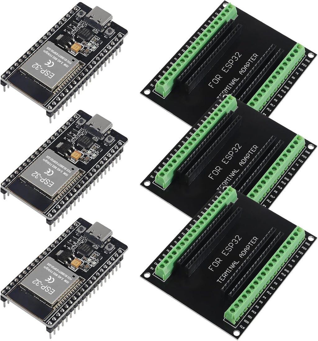 3 Set ESP32 Development Board Type C 38Pin Narrow Version WiFi + Bluetooth Microcontroller ESP-32 ESP-32S Board ESP-WROOM-32 with ESP32 Breakout Board GPIO 1 into 2 Terminal Screw Board