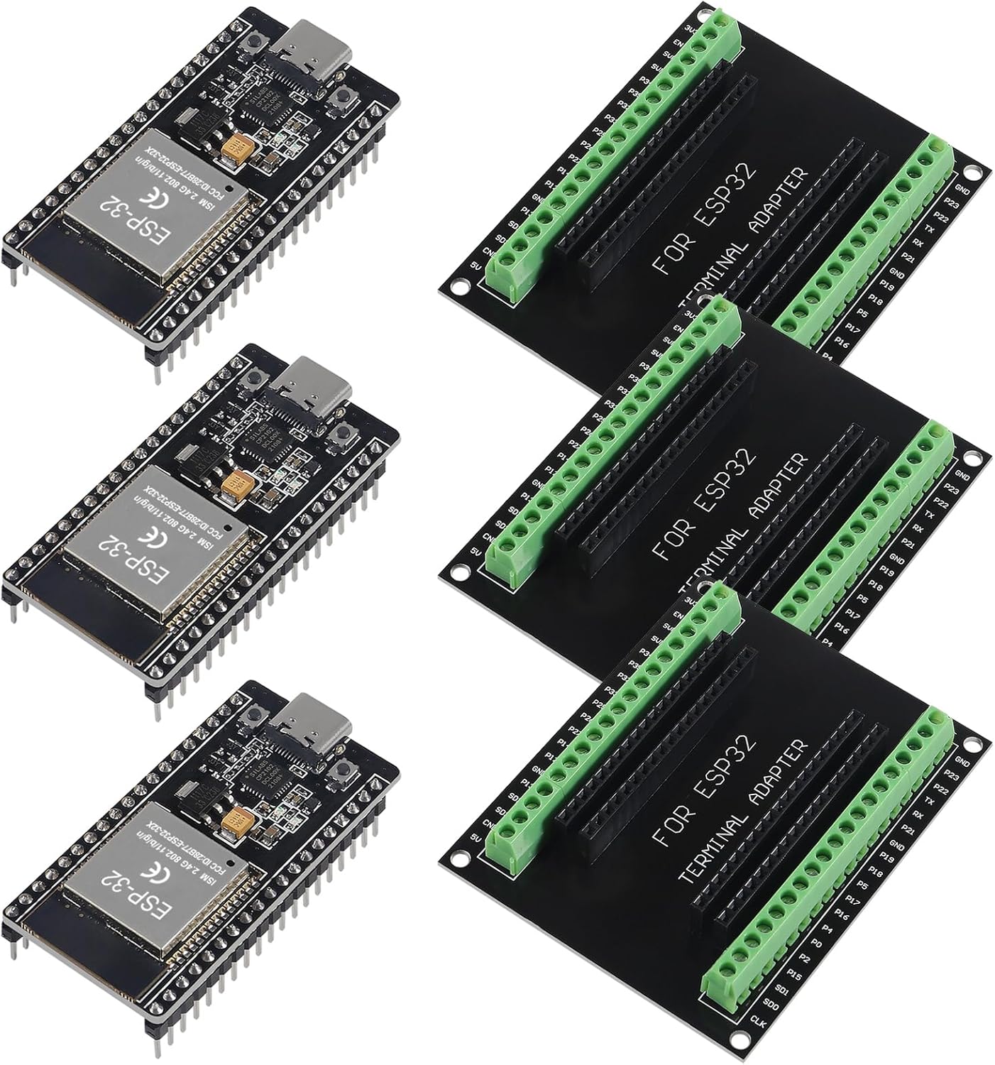 3 Set ESP32 Development Board Type C 38Pin Narrow Version WiFi + Bluetooth Microcontroller ESP-32 ESP-32S Board ESP-WROOM-32 with ESP32 Breakout Board GPIO 1 into 2 Terminal Screw Board