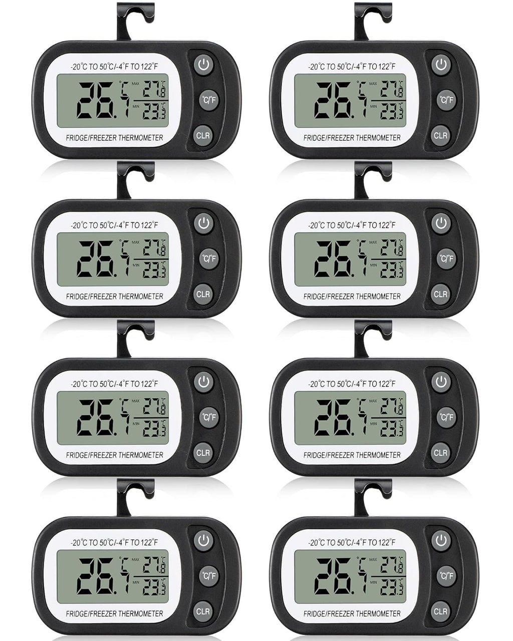 Frienda 8 Pack Black Digital Fridge Thermometer Waterproof Refrigerator and Freezer Room Max/min Record Function LCD Screen Refrigerator Thermometer with Hook and Magnetic Back for Home