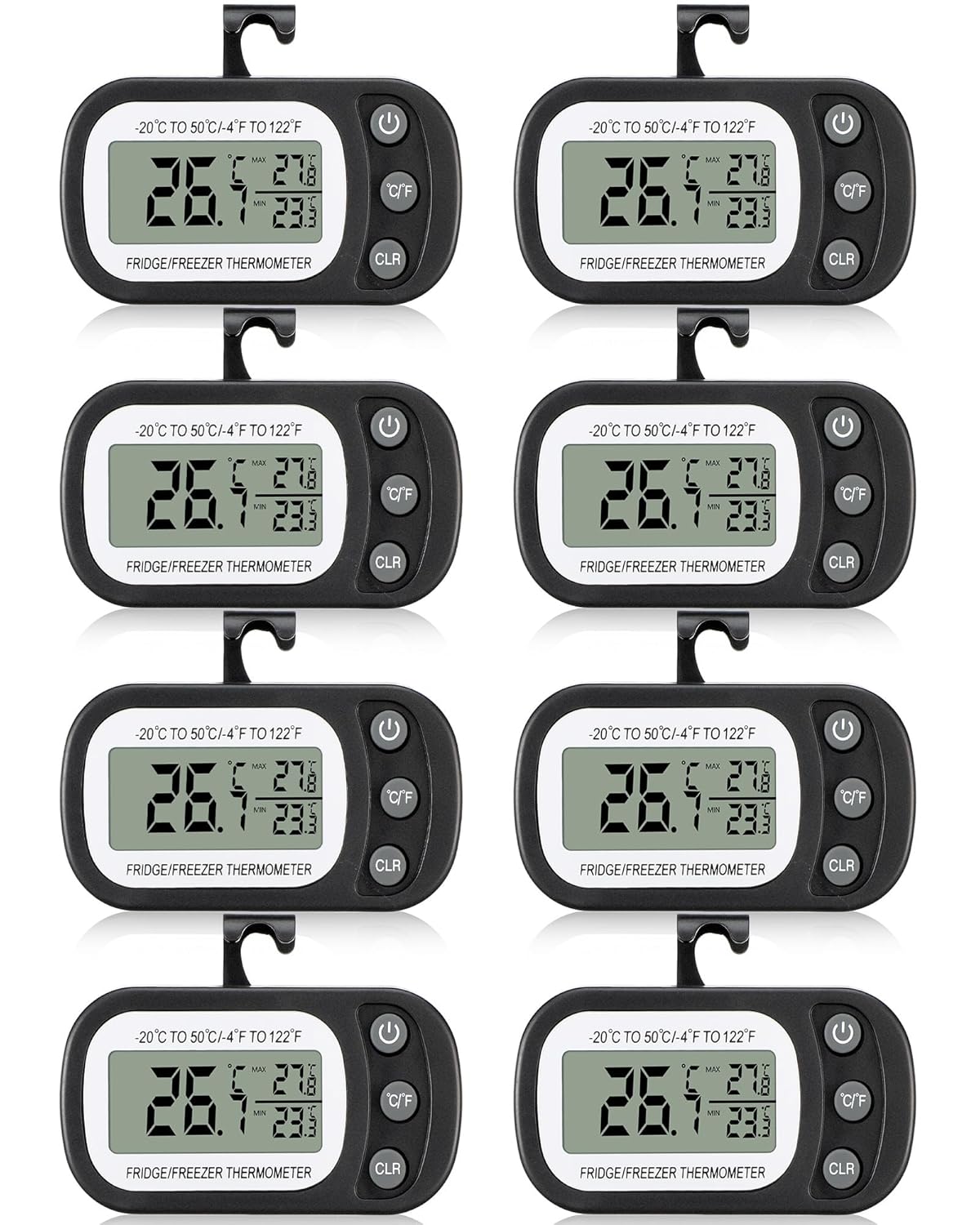 Frienda 8 Pack Black Digital Fridge Thermometer Waterproof Refrigerator and Freezer Room Max/min Record Function LCD Screen Refrigerator Thermometer with Hook and Magnetic Back for Home