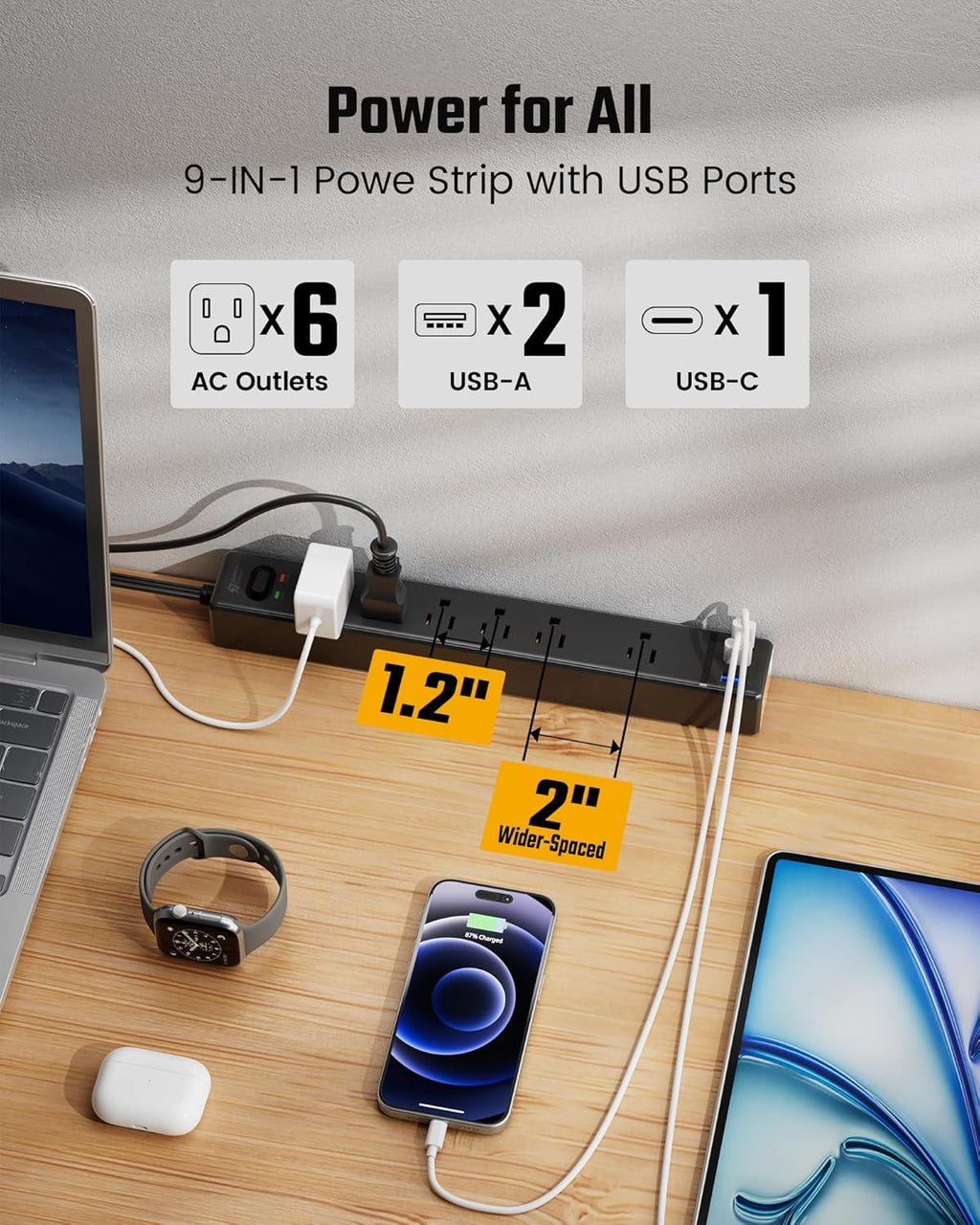 10Ft Extension Cord with Multiple Outlets, SUPERDANNY Flat Plug Surge Protector Power Strip with 3 USB Ports & 6 Outlets, 10 Ft Long Cord, Black Charging Station for Home Office, Dorm Room Essentials