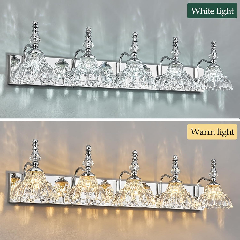 Vintage Bathroom Vanity Light, 5-Light Chrome Vanity Lighting Fixture with Flower Glass Shade, Bathroom Lighting Fixtures Over Mirror