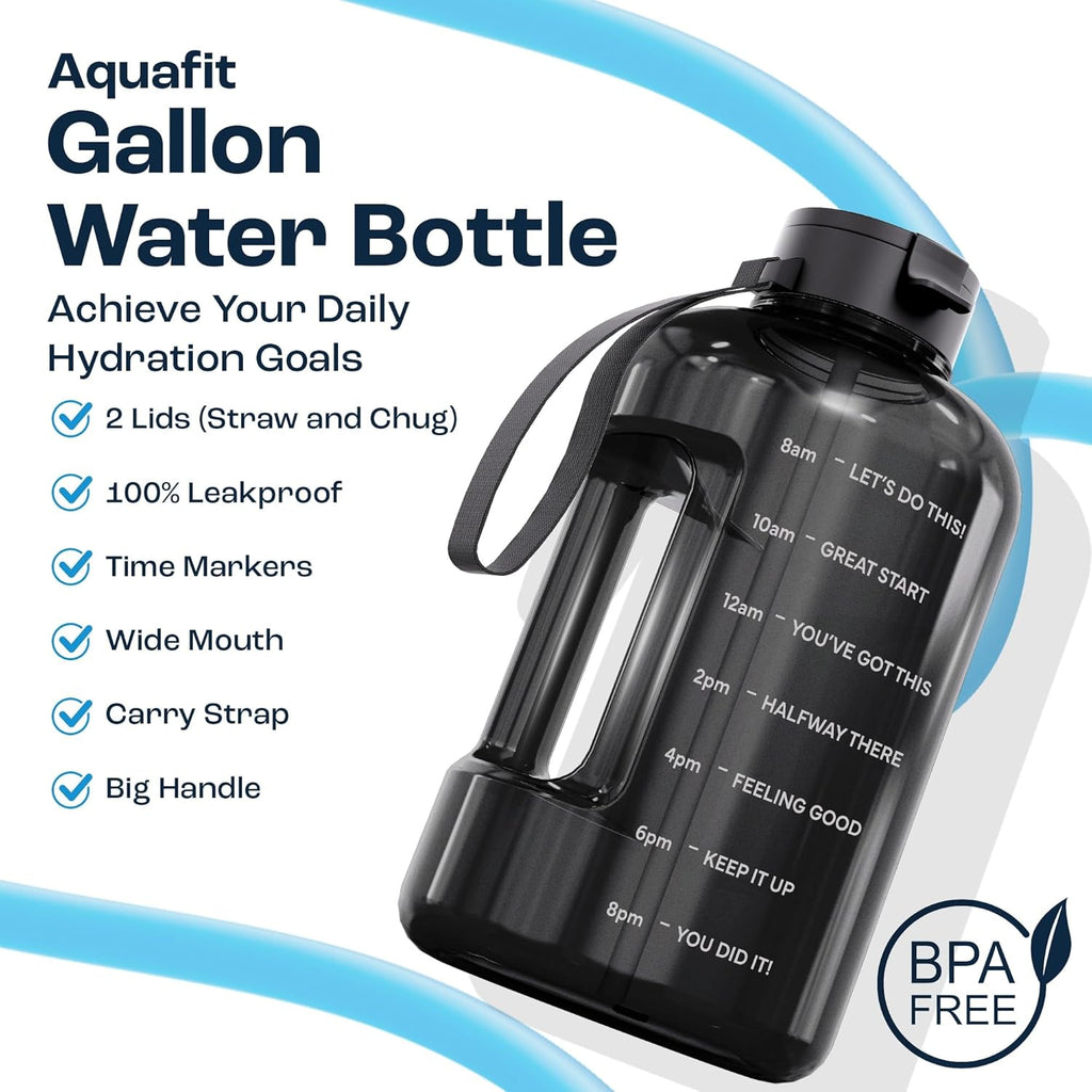 AQUAFIT 128 oz Water Bottle with Time Marker - Straw & Chug Lid - BPA Free 1 Gallon Gym Water Bottle with Handle - Big Gallon Jug (Clarity, 128 Ounces)
