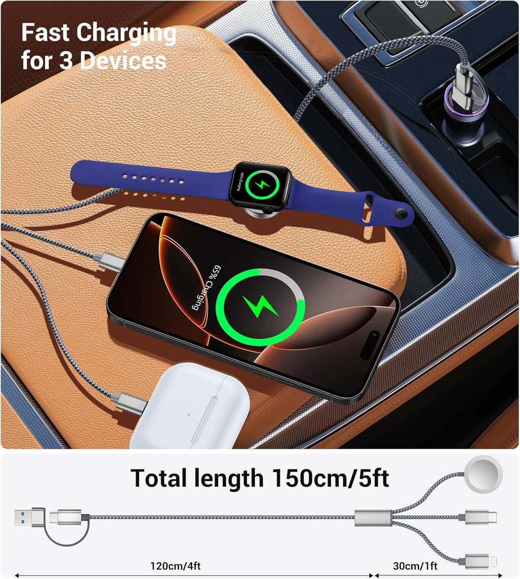 Temdan 2Pack for Apple Watch Charger, 3 in 2 Multi Charging Cable, iPhone Charger, USB A/Type C/Lightning Cable, Portable Travel Essentials Designed for iWatch Ultra/SE/11-1 & iPhone 17-12/ iPad-5Ft
