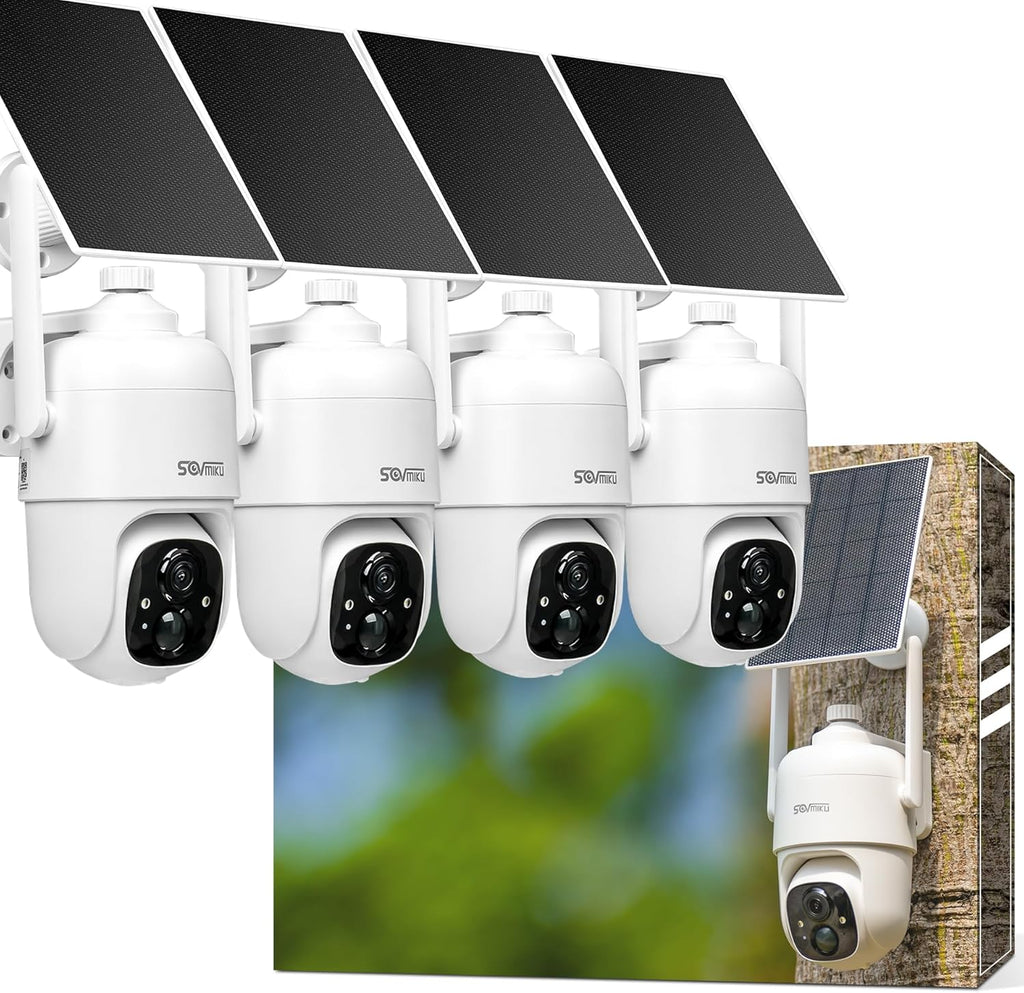 SOVMIKU 4CQ1 AI 2K Solar Security Camera Wireless Outdoor, Battery Powered, Two Way Audio, PIR Motion Detection, 360° View Pan/Tilt,Easy to Setup, Color Night Vision, Audible Flashlight Siren,SD Slot