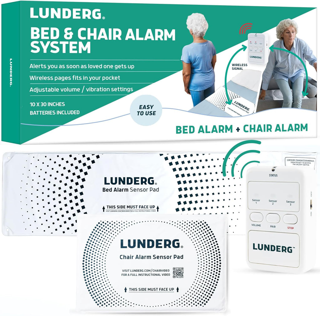 Lunderg Bed Alarm for Elderly Adults & Chair Alarm Set - Wireless Bed Sensor Pad (10” x 30”), Chair Sensor Pad & Pager - Alarms and Fall Prevention for Seniors & Dementia Patients - Full Caregiver Set