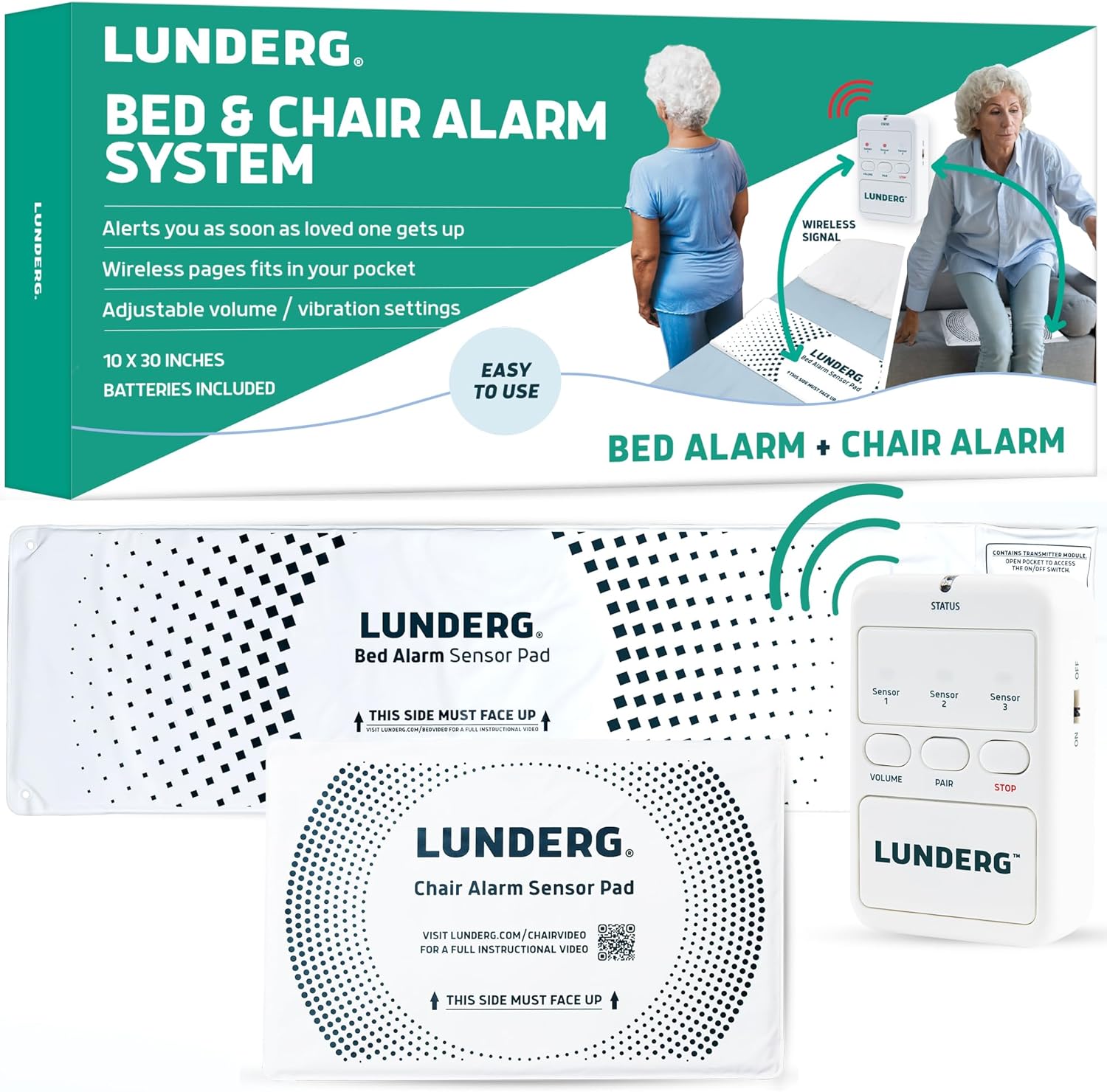 Lunderg Bed Alarm for Elderly Adults & Chair Alarm Set - Wireless Bed Sensor Pad (10” x 30”), Chair Sensor Pad & Pager - Alarms and Fall Prevention for Seniors & Dementia Patients - Full Caregiver Set
