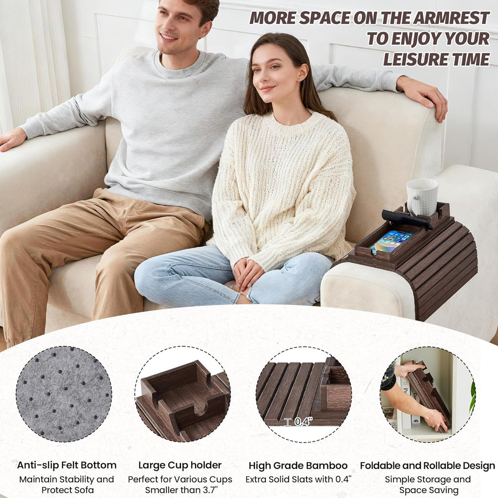 GEHE Detachable Couch Cup Holder, Anti Falling Sofa Arm Tray, Natural Bamboo Sofa Cup Holder More Safe for You Family, Portable Couch Arm Tray Armrest Table for Remote, Snacks, Phone, Drinks