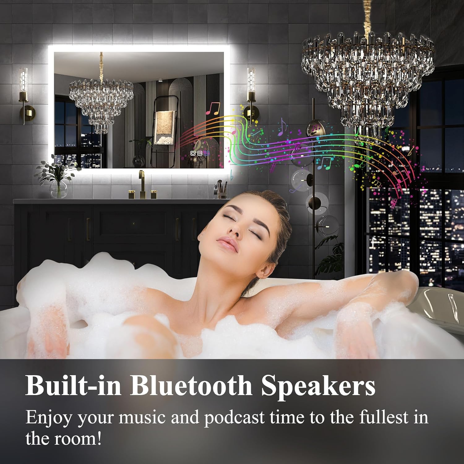 S·BAGNO LED Bathroom Mirror with Lights, 48''x28'' 3D Border Bathroom Vanity Wall Mirror with Bluetooth, Anti-Fog, Stepless Dimming, 3 Colors, Tempered Glass Lighted Vanity Mirror for Bathroom