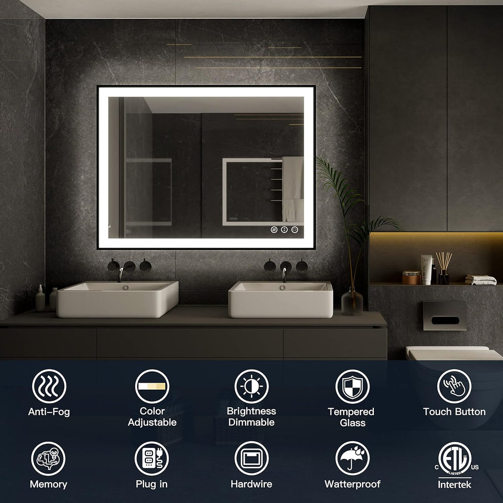 ISKM Framed LED Mirror for Bathroom 48"x36", Dimmable LED Bathroom Mirror with Lights, Anti-Fog, Front and Backlit Lighted Mirror 3-Colors, Shatterproof, Memory Function