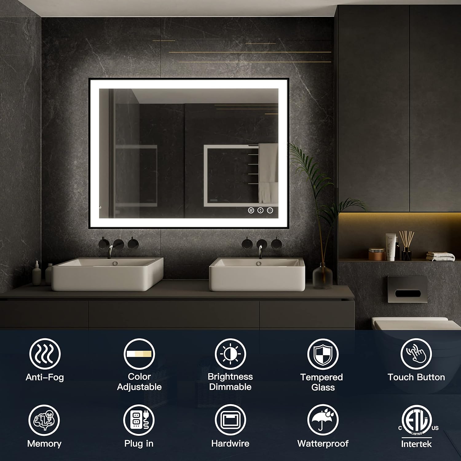 ISKM Framed LED Mirror for Bathroom 60"x38", Dimmable LED Bathroom Mirror with Lights, Anti-Fog, Front and Backlit Lighted Mirror 3-Colors, Shatterproof, Memory Function