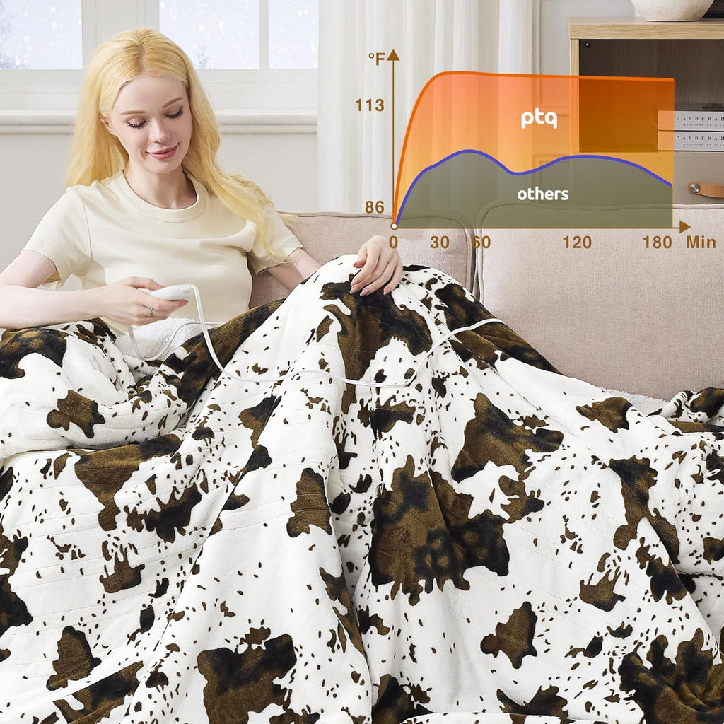 Electric Blanket Twin Size - Reversible Sherpa & Flannel, 62"× 84" Heated Throw Blanket with 6 Heat Settings & 1-12H Timer, Machine Washable, Warm Gift for Women, Brown Cow Print