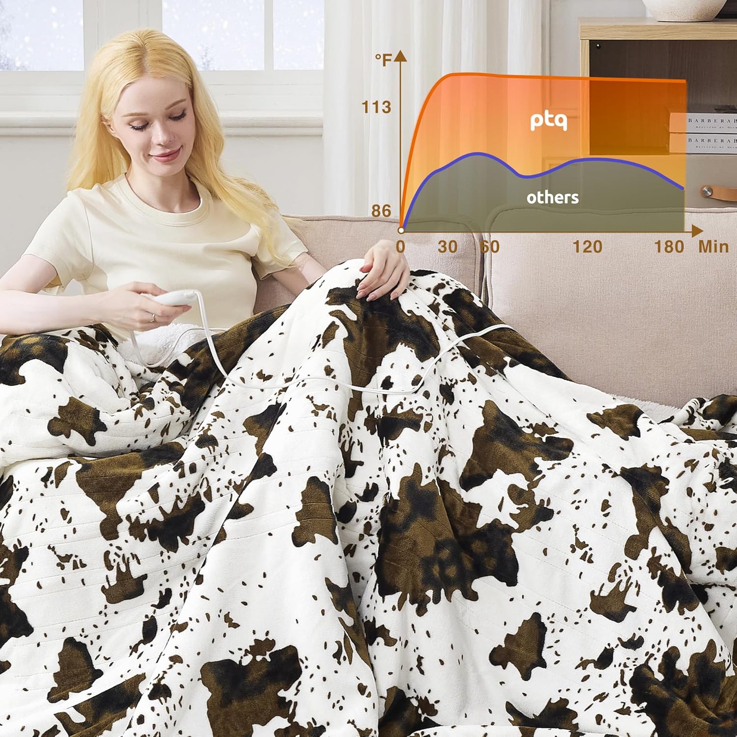 Brown Cow Print Heated Throw Blanket, Electric Blanket with 6 Heat Settings & 1-12H Timer, Cozy Soft Flannel Sherpa, Machine Washable, Warm Gift for Women, 50"x60"