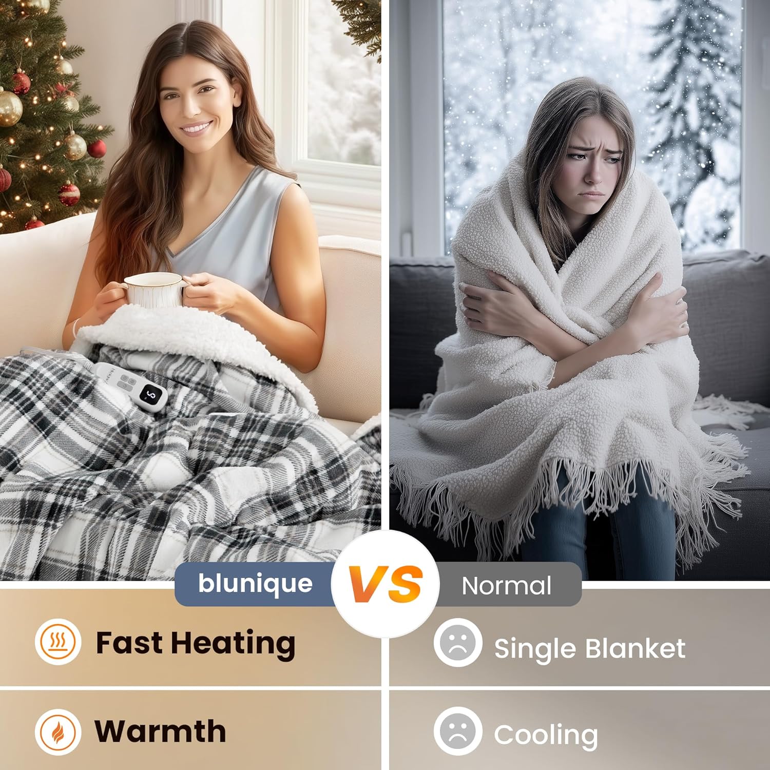 Christmas Heated Blanket Electric Throw-50''x60''Ultra Soft Cozy Plaid Flannel Fast Heating Electric Blanket with 10 Heat Levels & 10 Hrs Auto Off, ETL Certified, Keep Warm in Home Office