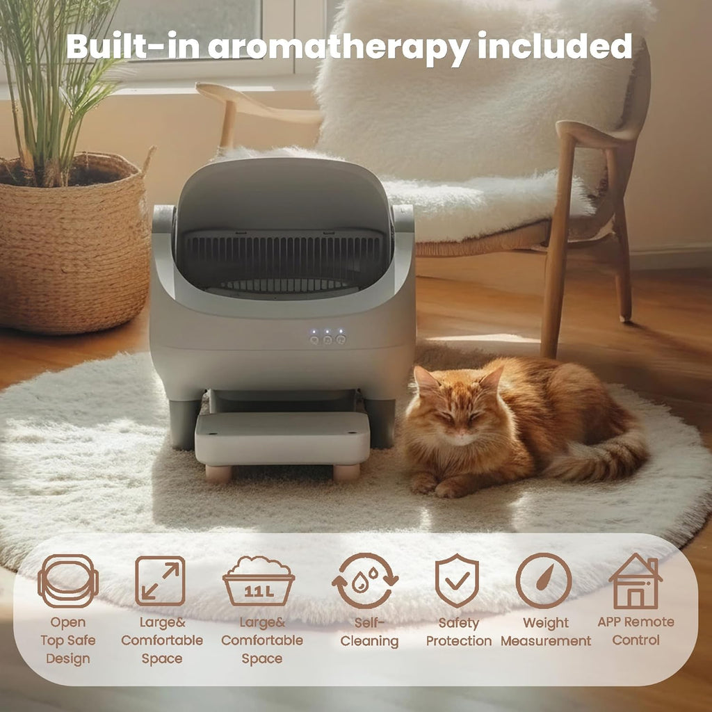 Self Cleaning Litter Box, App Control, Automatic Litter Box with Step, Odor-Free Includes Large Waste Bin and Trash Bags, Open Top Large Capacity for Multiple Cats, Quiet Operation, Safety Protection