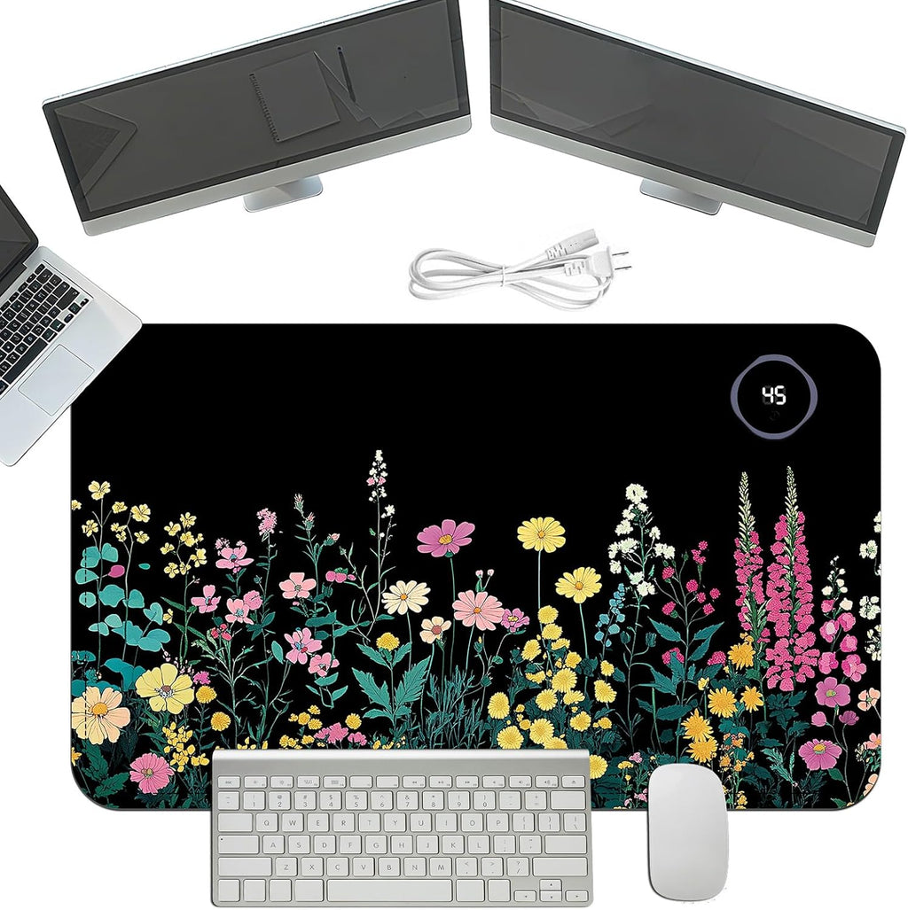 Heated Mouse Pad with 3 Temperature Settings(104°F–122°F),Large 24x14.2 Inch PU Leather Heated Desk Mat,Waterproof Warming Pad for Office,Gaming & Cold Hands Relief,Garden Flowers