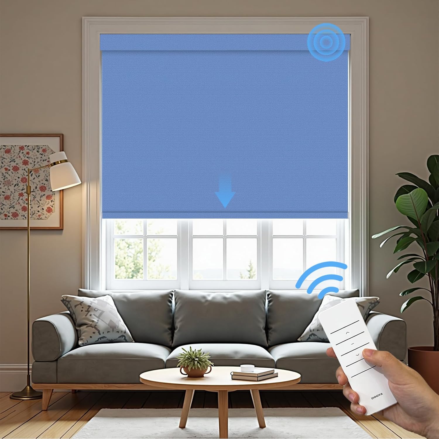 Motorized Roller Blinds with Remote, 100% Blackout Automatic Roller Shades for Bedroom, Bathroom, and Living Room, Customized Size, Deep Sky Blue