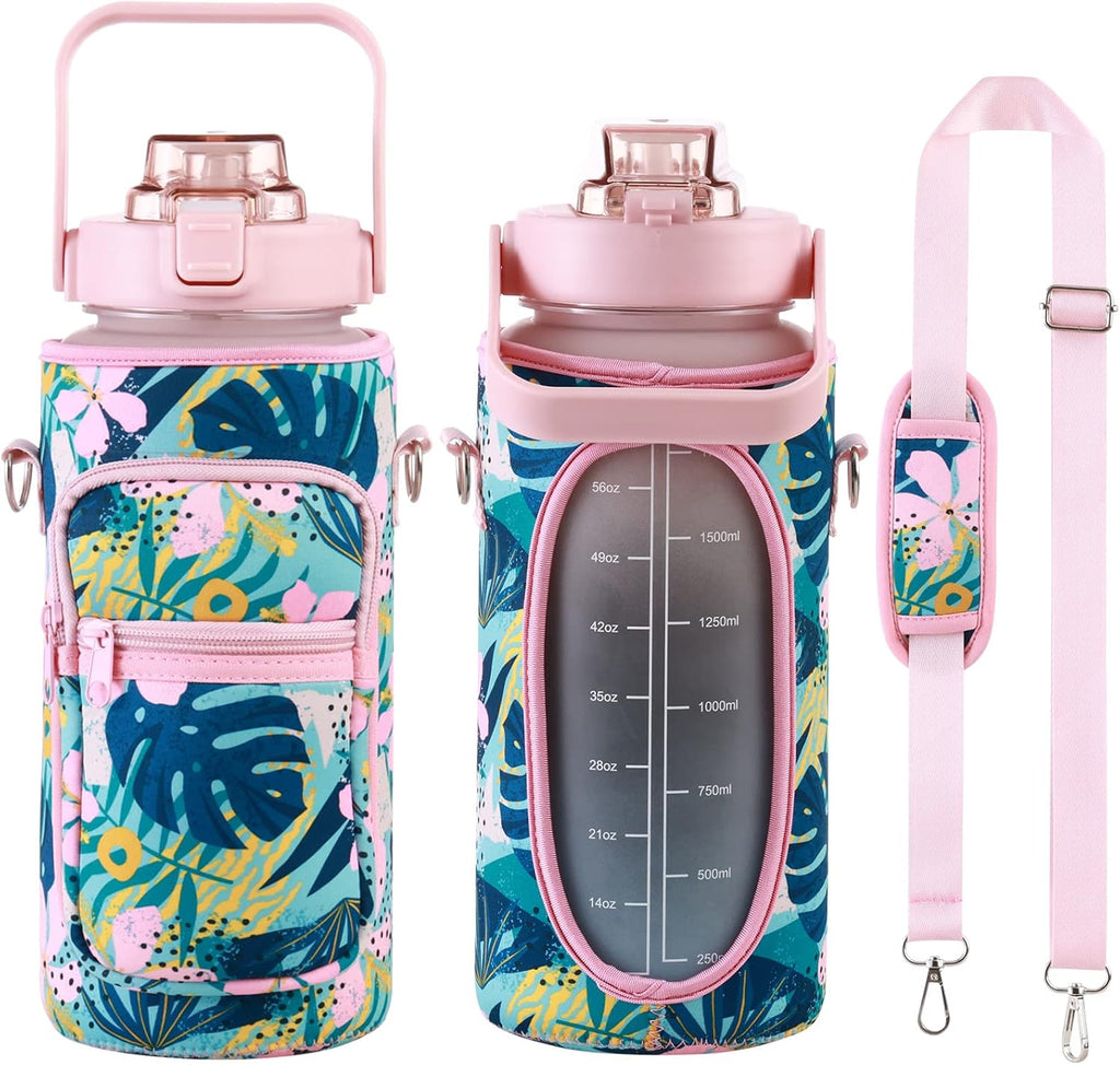 RYI Half Gallon Water Bottle with Sleeve & Strap 64 OZ Motivational Water Bottles with Straw Large Wide Mouth Water Jug with Time Marker for Fitness, Gym and Outdoor Sports, Leak-proof & BPA Free