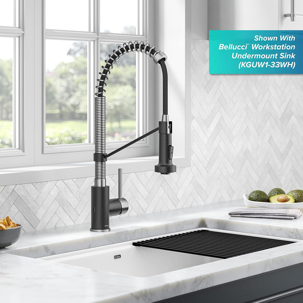 KRAUS Bolden Touchless Sensor Commercial Style 2-Function Single Handle Pull Down Kitchen Faucet in Spot-Free Stainless Steel/Matte Black, KSF-1610SFSMB