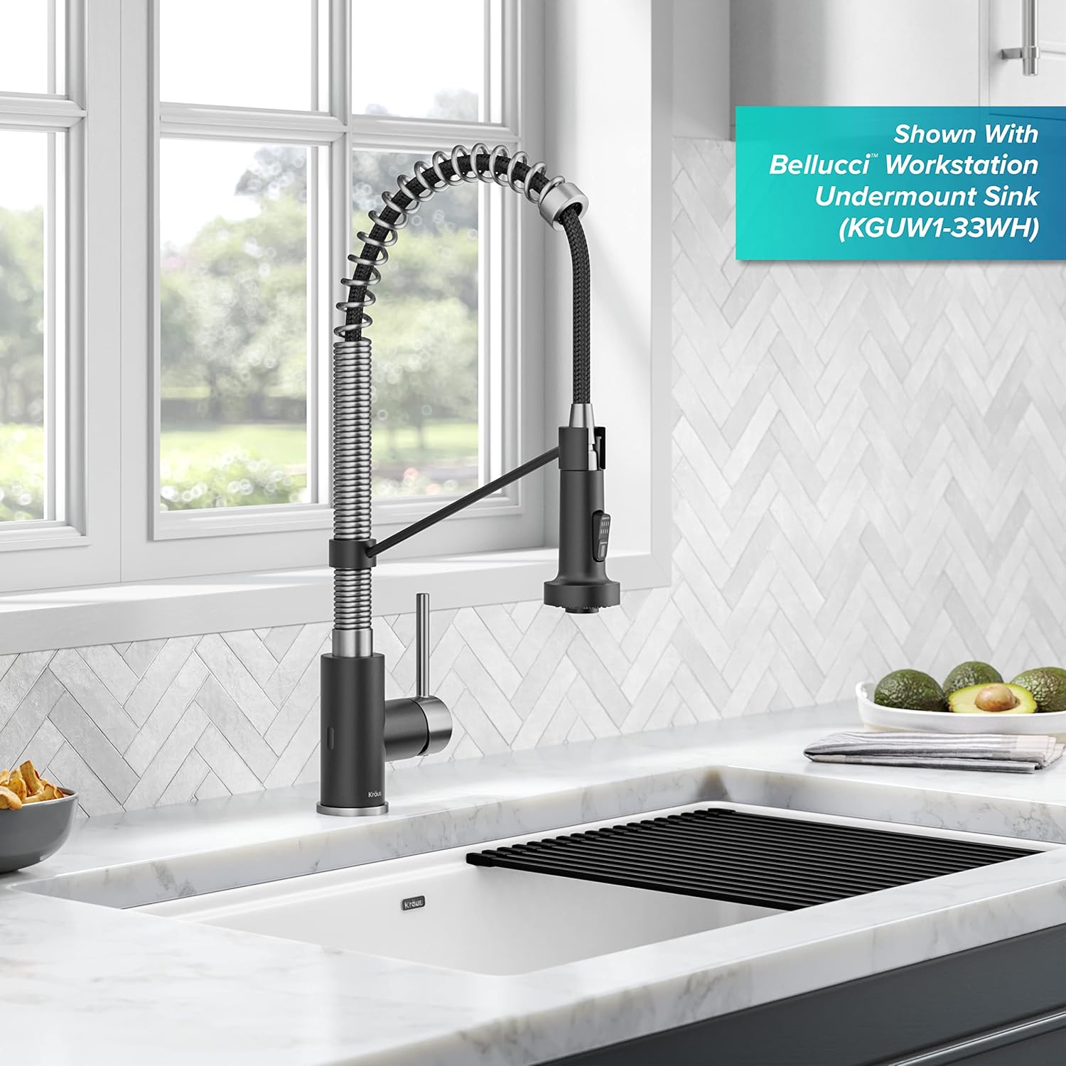 KRAUS Bolden Touchless Sensor Commercial Style 2-Function Single Handle Pull Down Kitchen Faucet in Spot-Free Stainless Steel/Matte Black, KSF-1610SFSMB