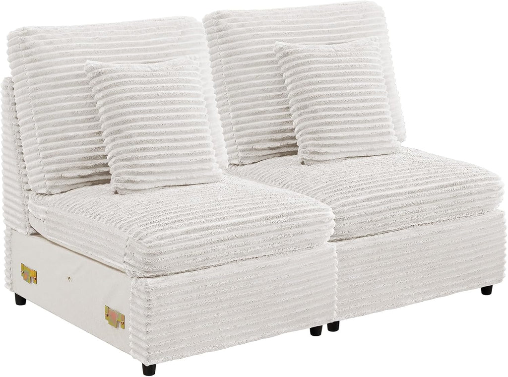LEVNARY Modular Armless Chair Set of 2, Faux Rabbit Fur Upholstered Single Seat for Sectional Sofa Expansion (White)