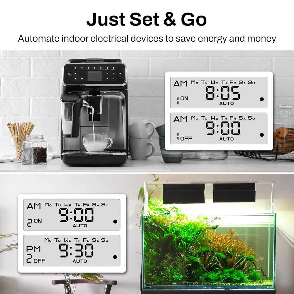 BN-LINK Indoor Digital Timer Outlet, Dual Outlet 7 Day Programmable Light Switch, 3 Prong Plug in Timers for Electrical Outlets, Lamps, Fans, 8 On/Off Programs, 2 Pack, 15A/1875W, ETL Listed