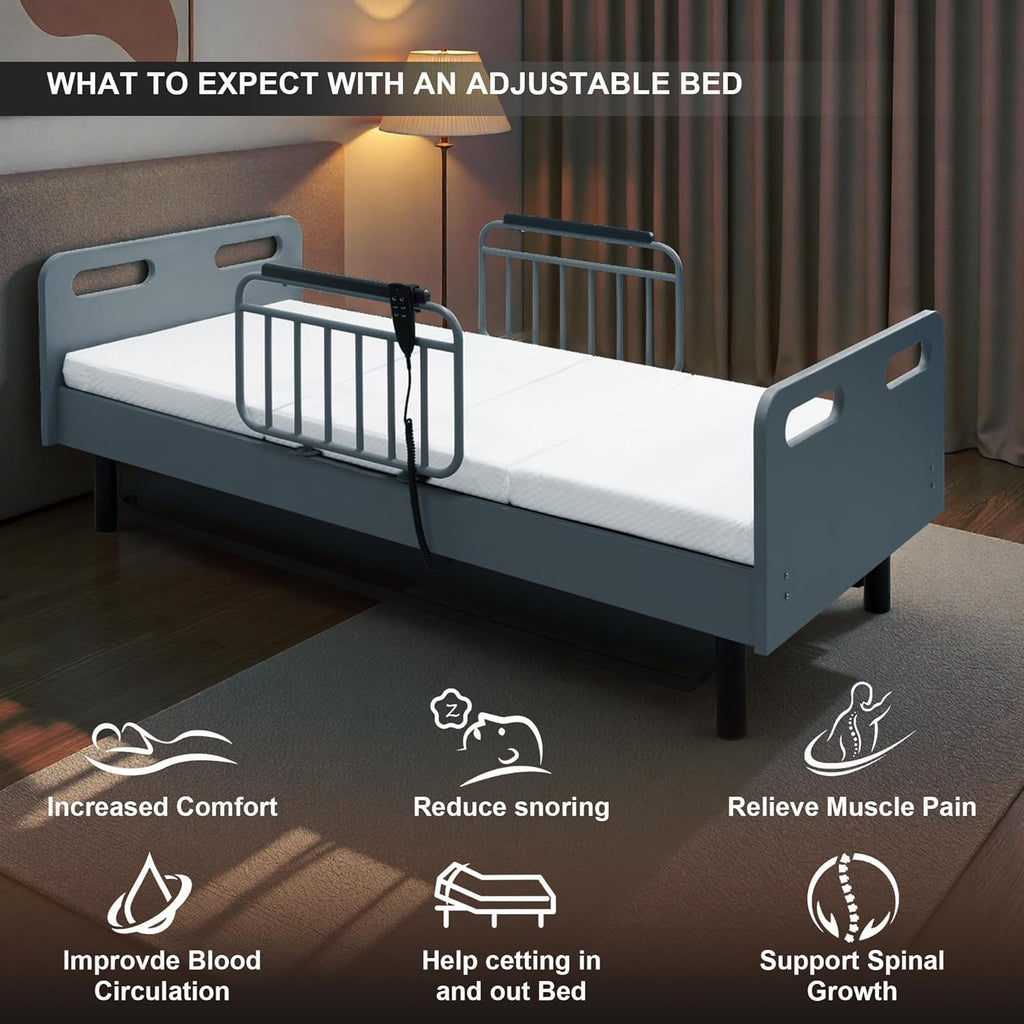 Electric Adjustable Bed for Home Use with Remote Control, Memory Foam Folding Mattress & Safety Side Rails, Home Healthcare Support (Grey,White)