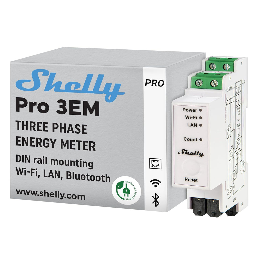 Shelly Pro 3EM (120A) | Wi-Fi & LAN, 3-Phase Smart Energy Meter | 2-Way Consumption | Home Automation | Bluetooth Gateway | Compatible with Alexa & Google Home | No Hub Required | Solar Panels