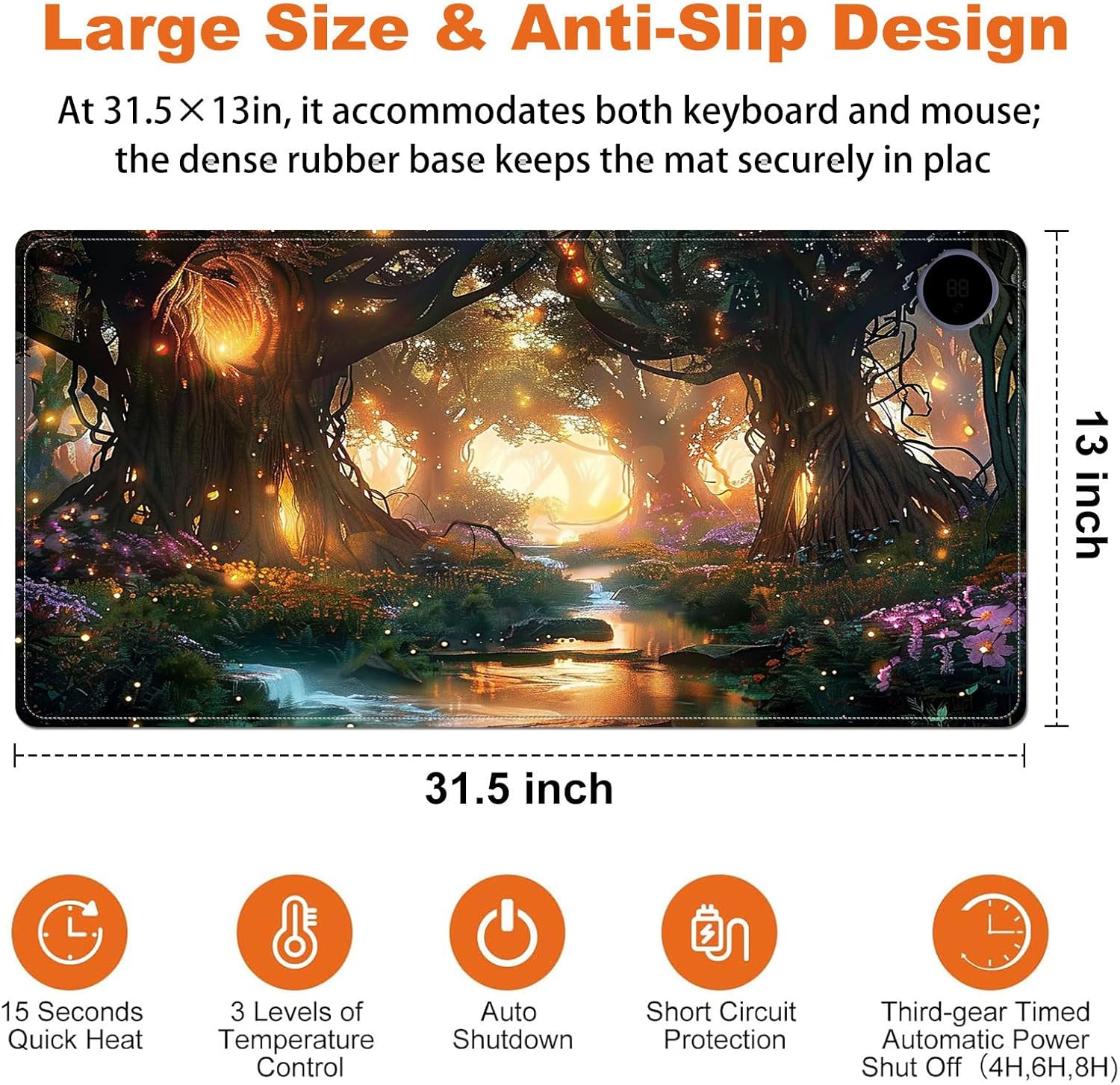 Heated Mouse Pad for Desk 31.5" x 13" – PU Leather Warm Desk Pad with 3 Heat Levels (104°F/113°F/122°F), Plug-in Electric Heating Mat with Auto Shut-Off, Waterproof & Rollable, Glowing Forest