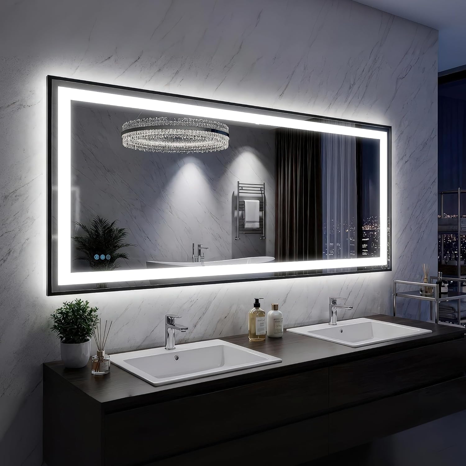 Antok 60X30 LED Bathroom Mirror with Lights, Vanity Mirror for Wall with Black Frame, Touch Control, Anti-Fog, Dimmable Lights, Shatter-Proof, Memory Function, Wall-Mounted Vanity Mirrors