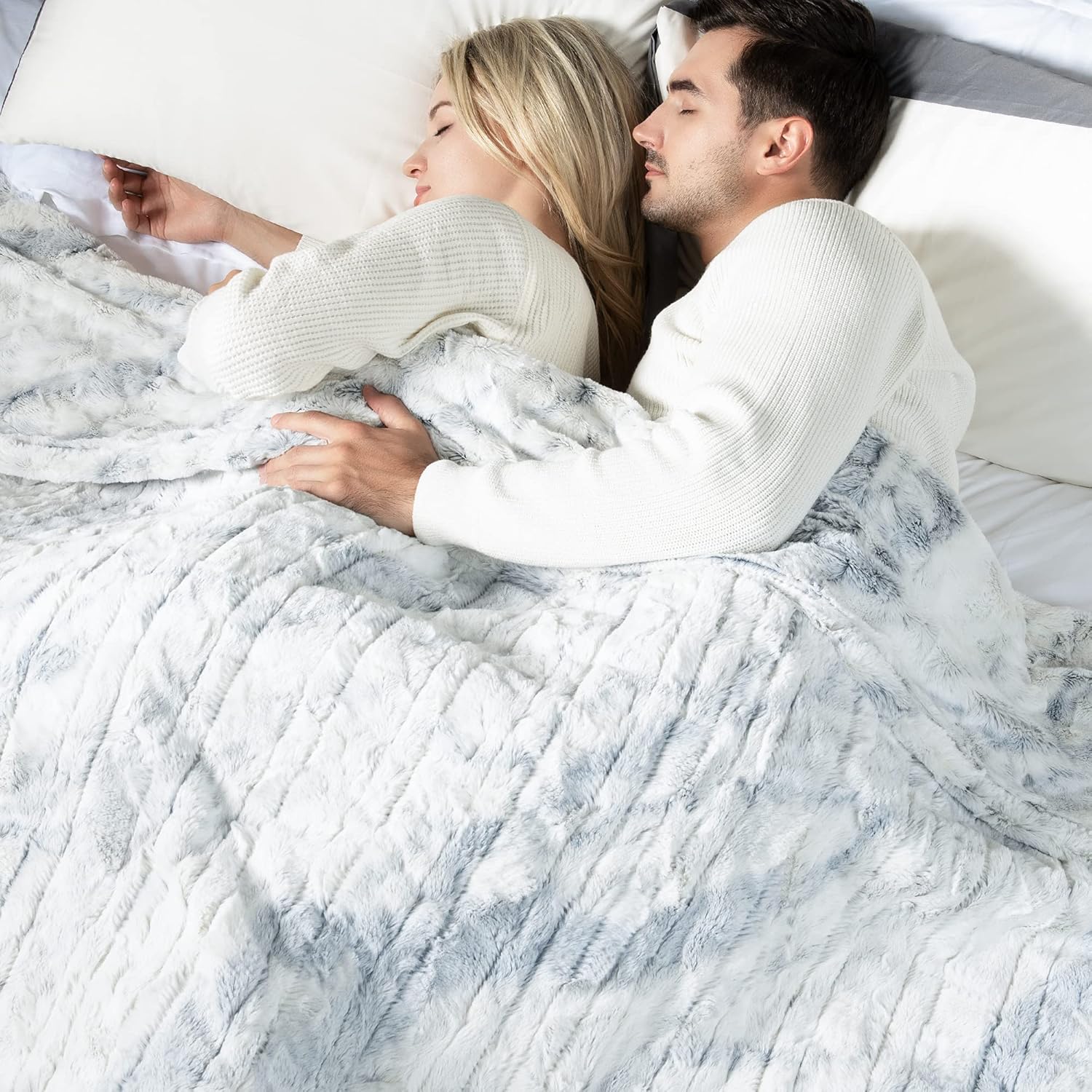 WOOMER Heated Blanket Queen Size 84" x 90", Electric Blanket with Dual Controllers, 0.5-12 Hours Timer & 10 Heating Levels, ETL Certified, Marble Blue Double-Sided Faux Fur, Machine Washable