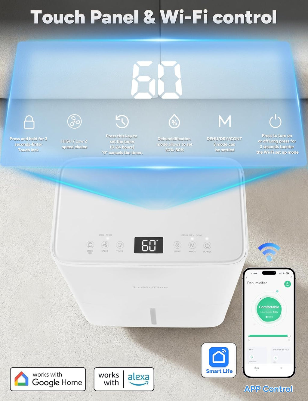 Dehumidifier for Home Basement 34 Pints Max - 2500 Sq.Ft 54 OZ Water Tank Dehumidifier with Drain Hose Smart App-Controlled Dehumidifiers for Basement Bedroom Bathroom Large Room