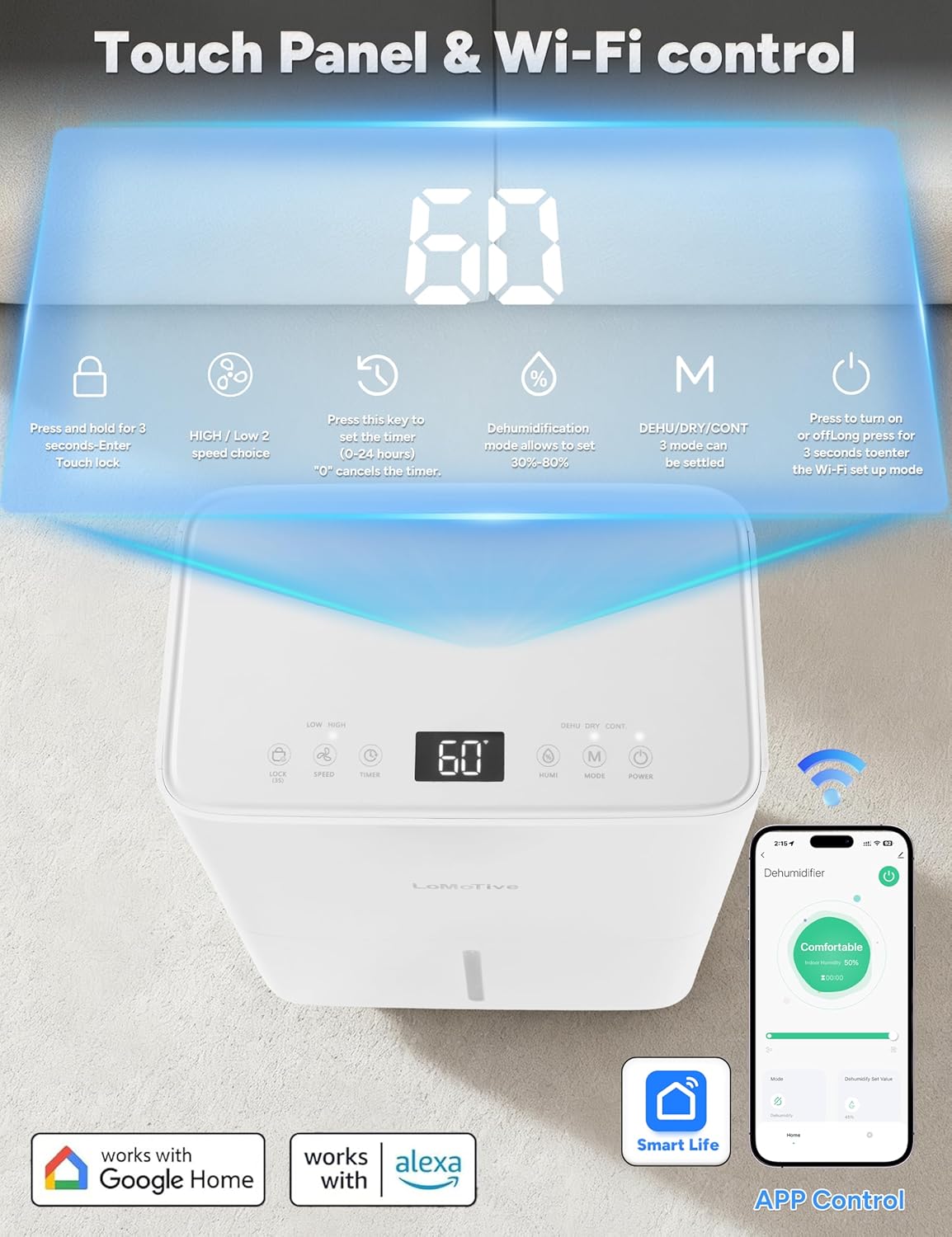 Dehumidifier for Home Basement 34 Pints Max - 2500 Sq.Ft 54 OZ Water Tank Dehumidifier with Drain Hose Smart App-Controlled Dehumidifiers for Basement Bedroom Bathroom Large Room