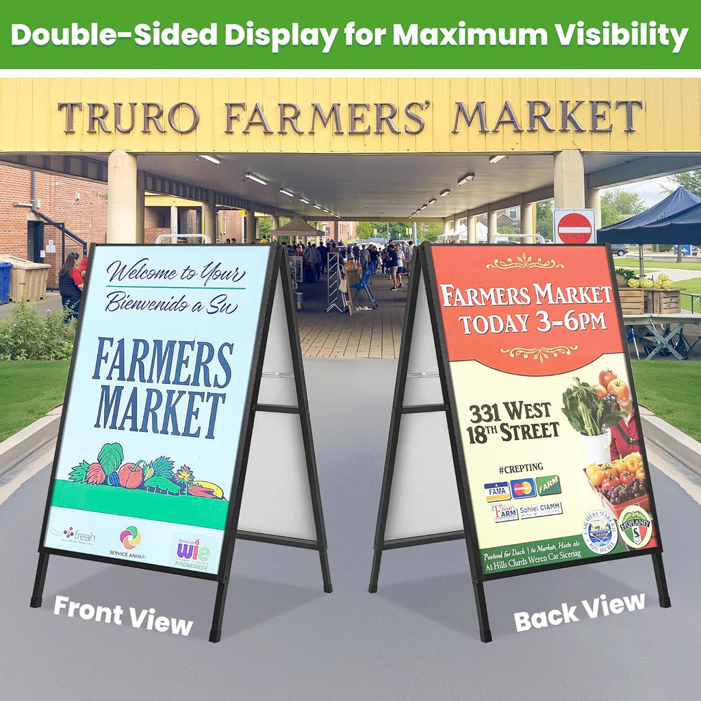 2 Pack A Frame Sign Holder 24x36 Inch, Double-Sided Folding Sandwich Board with Handle, Heavy Duty Metal Sidewalk Sign for Outdoor Business Advertising, Includes 4 Plastic Boards