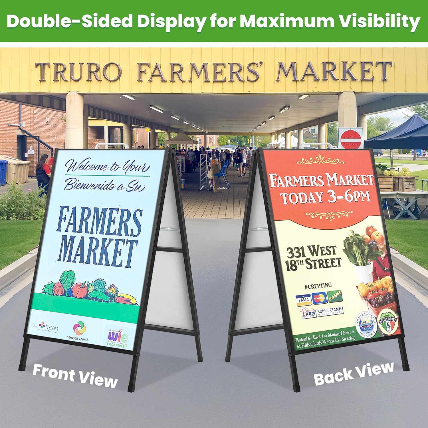 2 Pack A Frame Sign Holder 24x36 Inch, Double-Sided Folding Sandwich Board with Handle, Heavy Duty Metal Sidewalk Sign for Outdoor Business Advertising, Includes 4 Plastic Boards