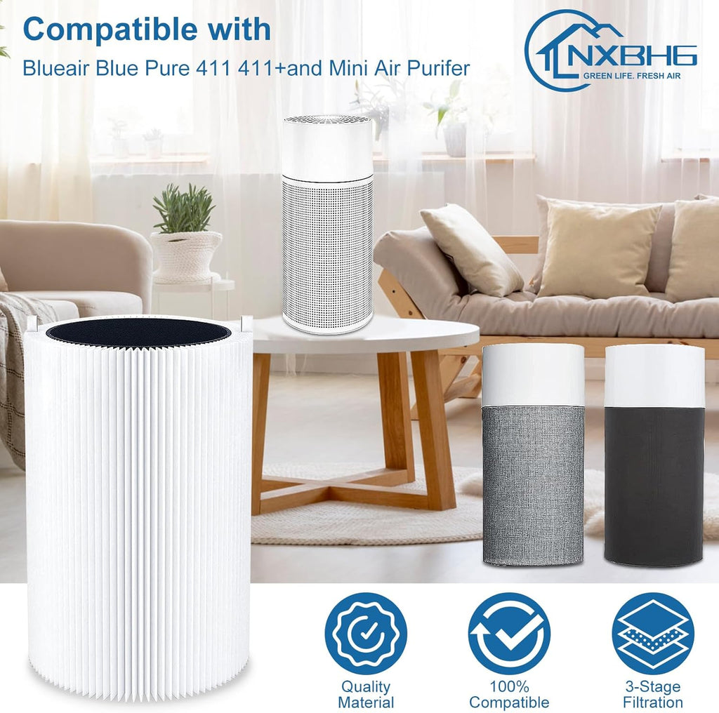 Blue Air Filter Replacement 411 Compatible with Blueair 411 Genuine, Blue Pure 411+,411 Auto & Mini, 3 Pack Particle and Activated Carbon Filter (3 Pack Filter)