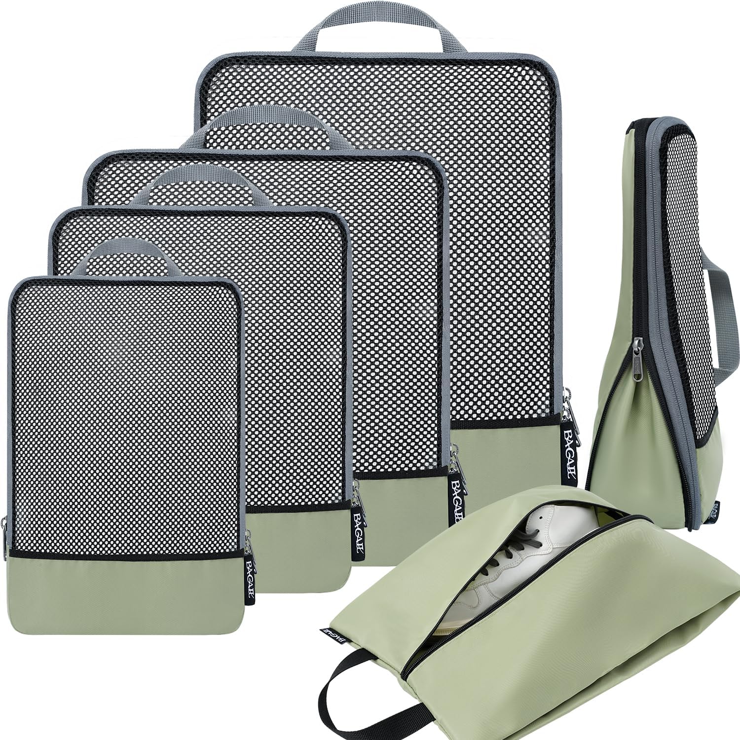 BAGAIL 4 Set/6 Set/8 Set Compression Packing Cubes Travel Accessories Expandable Packing Organizers (Half Mesh, 6-Matcha Green)