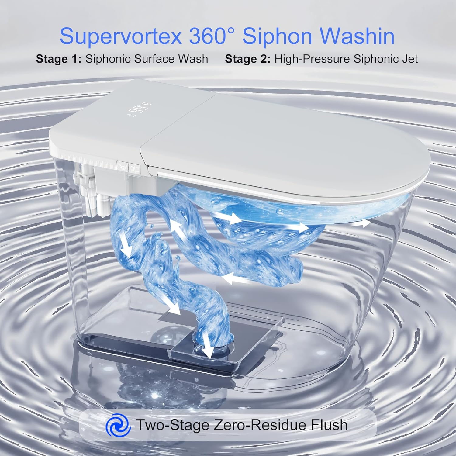 TDH Smart Toilet with Foam Shield, Ambient Lighting & Blackout Flush,Tankless Toilet Heated Seat for Bathrooms, Multiple Cleaning Modes,Round Toilet Seat