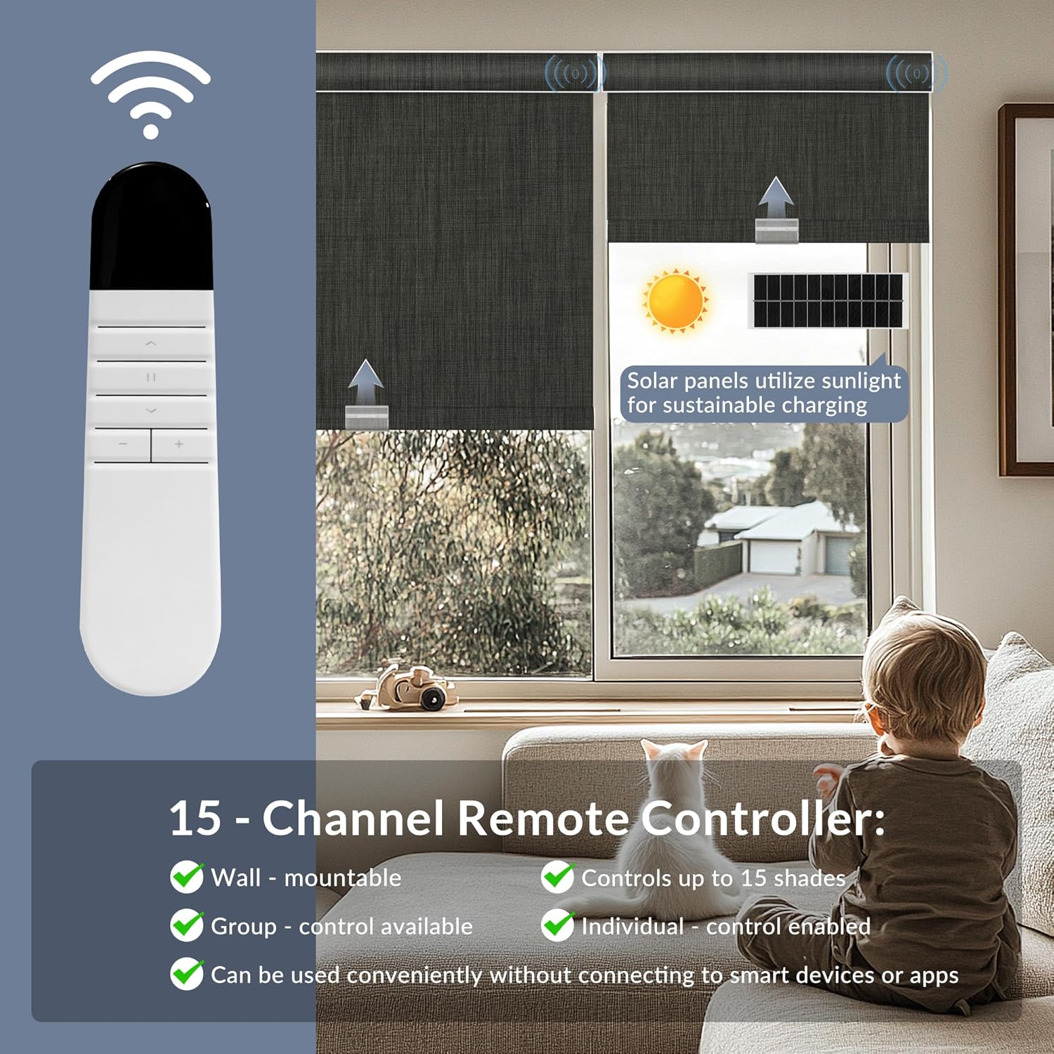 Boolegon Motorized Roller Blinds - 100% Blackout Smart Electric Shades with Remote, Compatible with Alexa/Google Home/HomeKit via Hub, Easy Install for Home Office, Dark Grey, Custom Size.