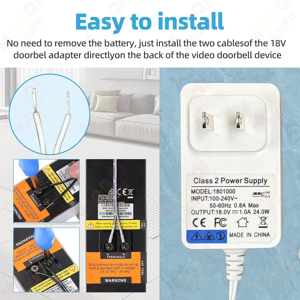 18V DC Video Doorbell Power Adapter, Power Supply Transformer for Ring, Nest, Eufy, Wyze, Arlo, 19.6 ft Cable, White