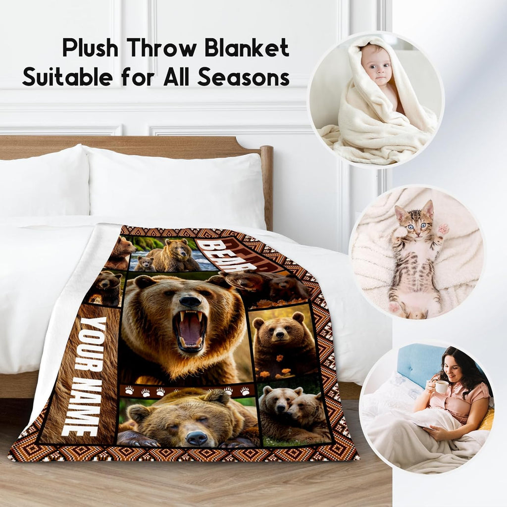 Personalized Blankets for Dad, Custom Bear Blanket Gifts for Men Boys Adults, 30"x40" Forest Animal Throw Gift for Hunters - Soft, Fuzzy & Cozy Flannel Throws Wildlife Country Decor