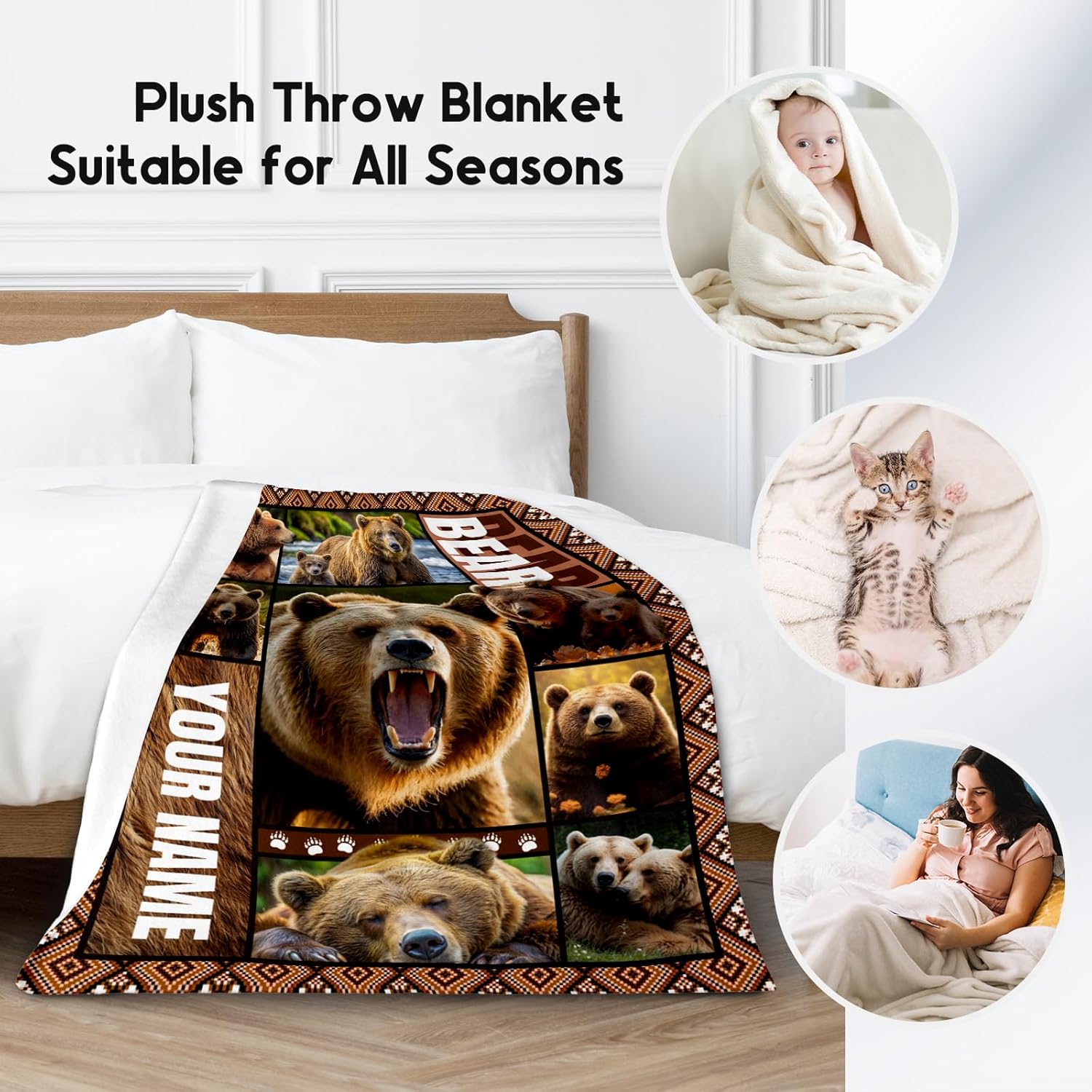 Personalized Blankets for Dad, Custom Bear Blanket Gifts for Men Boys Adults, 60"x80" Forest Animal Throw Gift for Hunters - Soft, Fuzzy & Cozy Flannel Throws Wildlife Country Decor