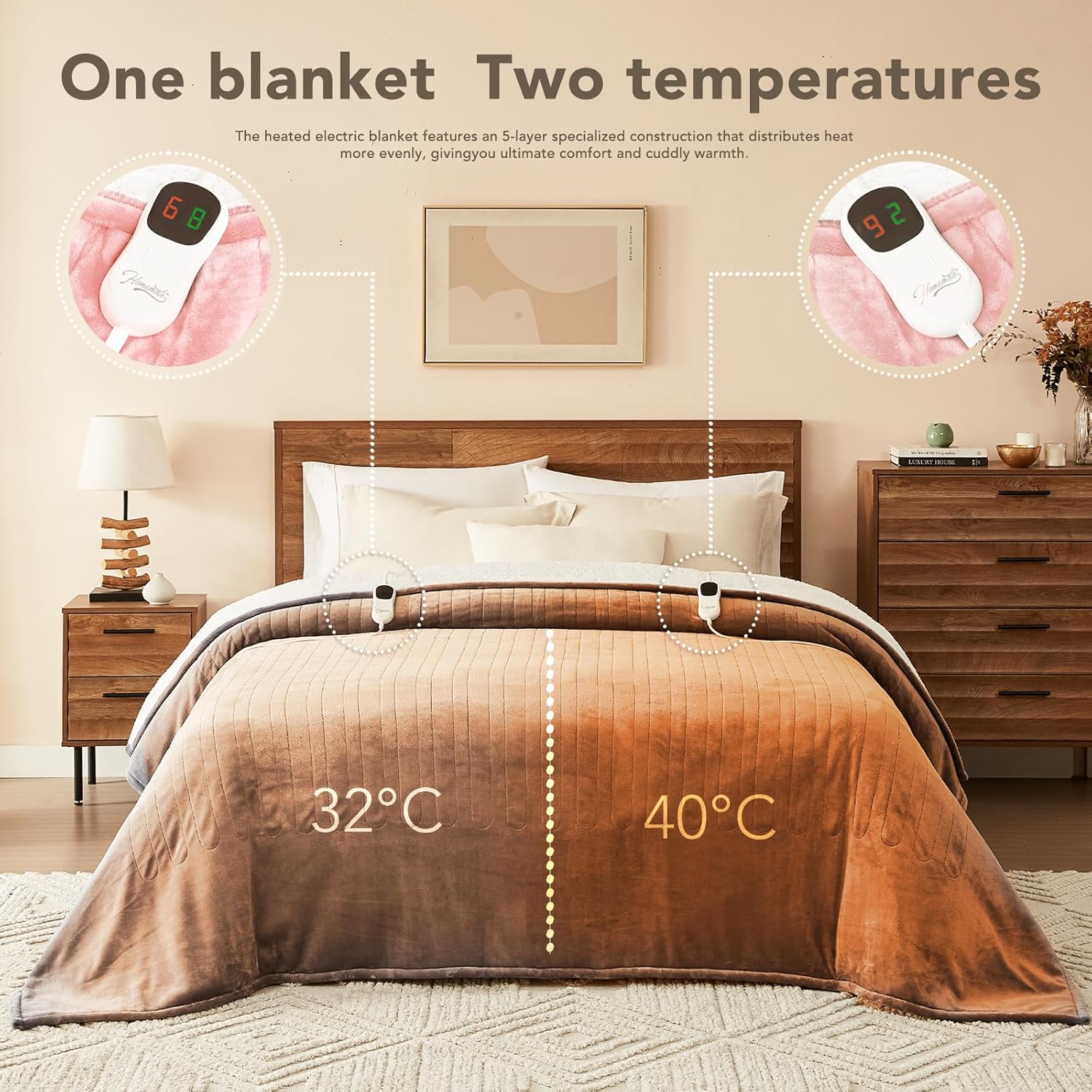 Homemate Electric Heated Blanket King - 100"x90" Heating Bed Blankets Throw with 10 Heating Levels 8 Hours Auto Off Fast Heating Over-Heated Protection Ultra Soft Warm Flannel ETL Certified Pink